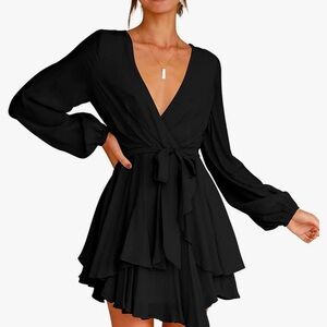 Women's Dress Deep V-Neck Long Sleeve Waist Tie Ruffle Mini Swing Skater Dresses